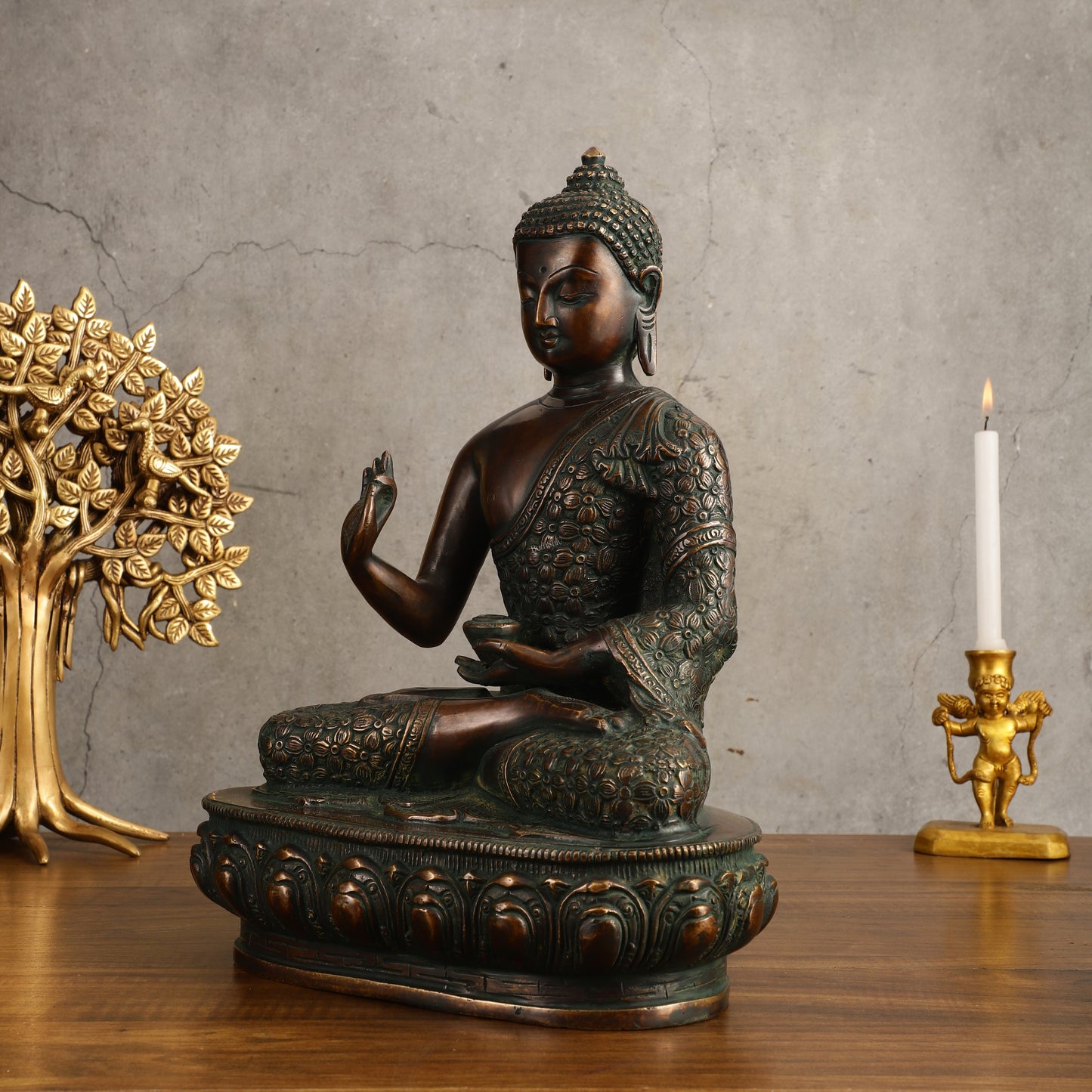 Pure Brass Antique Buddha Blessing Statue - 13.5" Height