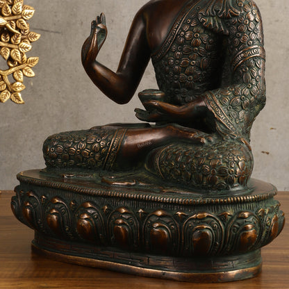 Pure Brass Antique Buddha Blessing Statue - 13.5" Height