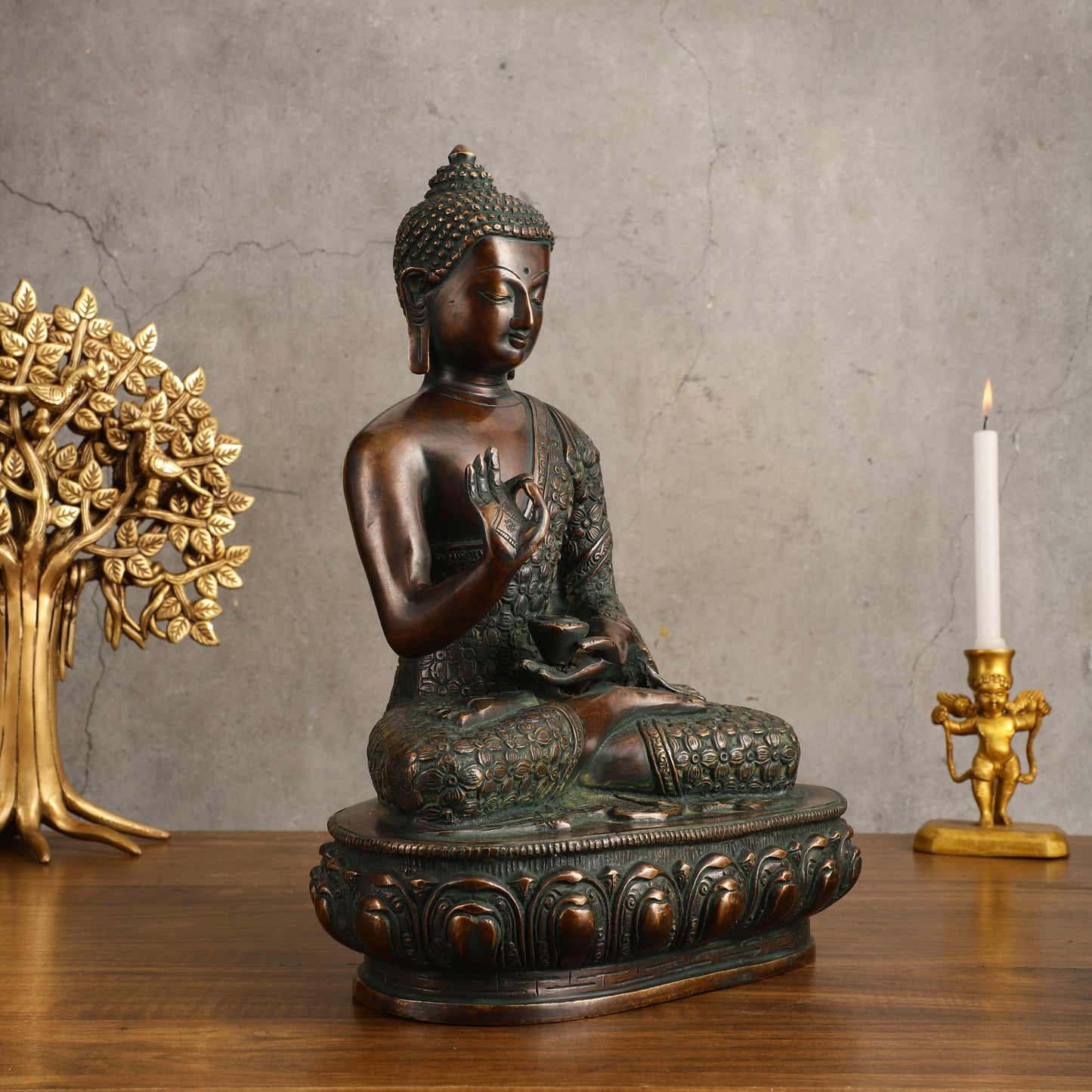 Pure Brass Antique Buddha Blessing Statue - 13.5" Height