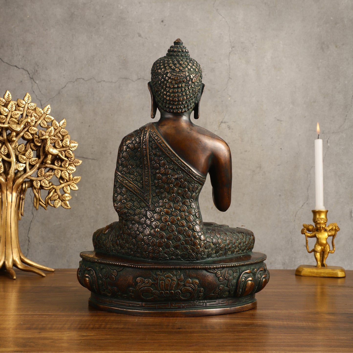 Pure Brass Antique Buddha Blessing Statue - 13.5" Height