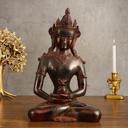 Pure Brass Meditating Buddha Statue - Antique Red Finish, 13" Height