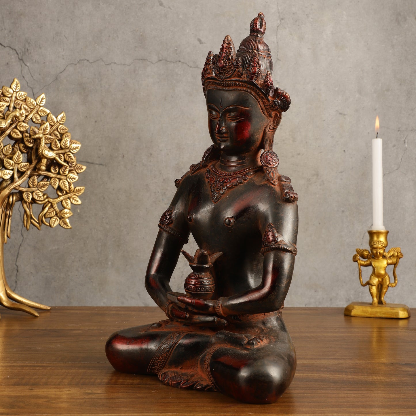 Pure Brass Meditating Buddha Statue - Antique Red Finish, 13" Height