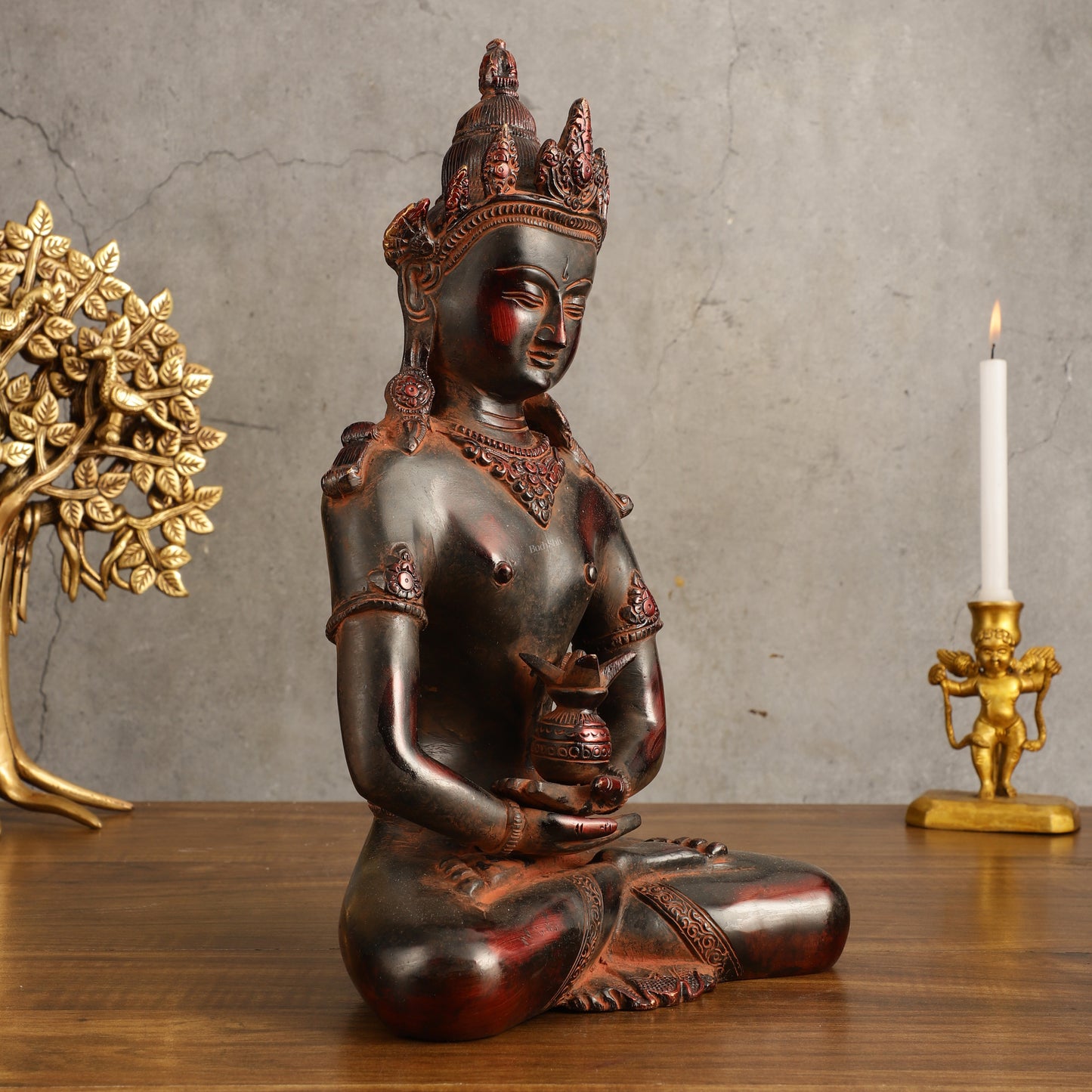 Pure Brass Meditating Buddha Statue - Antique Red Finish, 13" Height