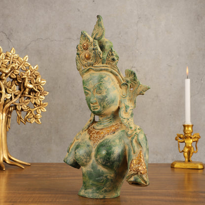 Pure Brass Cambodian Tara Bust Antique Sculpture - 13" Height