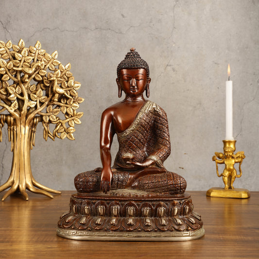 Pure Brass Buddha Hand Down Statue - Nepali Red Finish, 11" Height