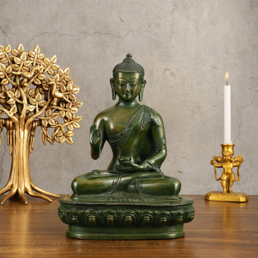 Pure Brass Blessing Buddha Statue - Green Antique Finish, 10.5" Height