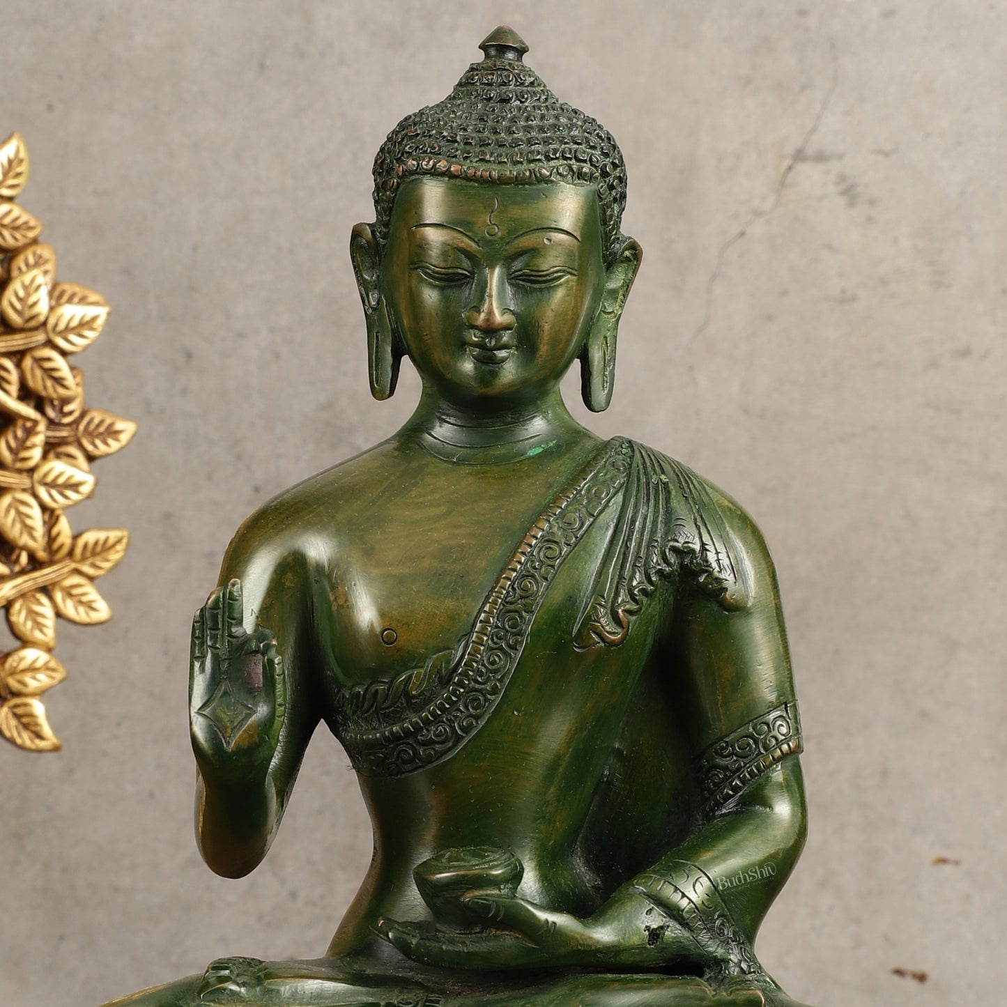 Pure Brass Blessing Buddha Statue - Green Antique Finish, 10.5" Height