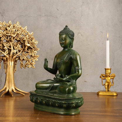 Pure Brass Blessing Buddha Statue - Green Antique Finish, 10.5" Height