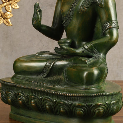 Pure Brass Blessing Buddha Statue - Green Antique Finish, 10.5" Height