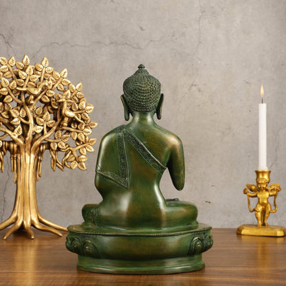 Pure Brass Blessing Buddha Statue - Green Antique Finish, 10.5" Height