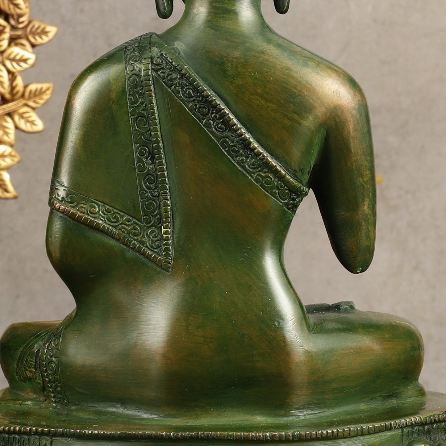 Pure Brass Blessing Buddha Statue - Green Antique Finish, 10.5" Height