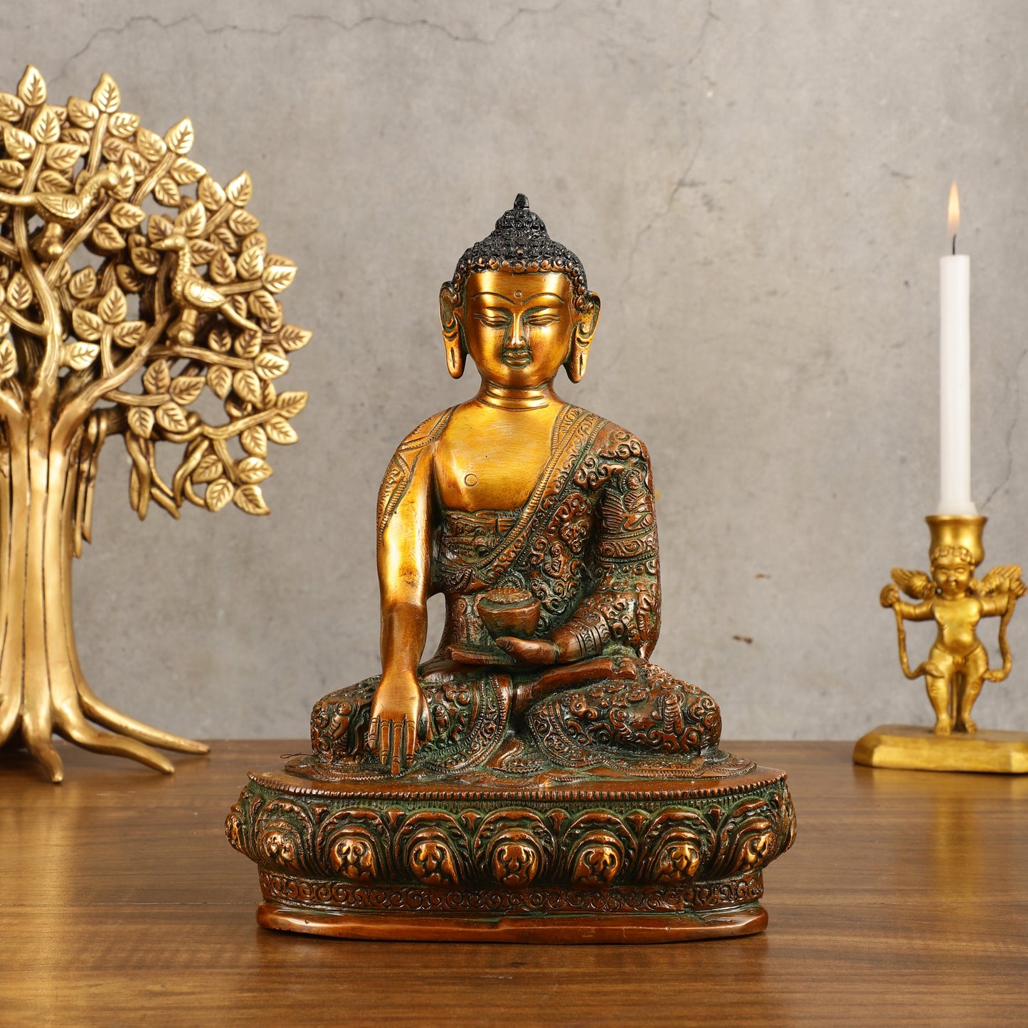 Buddha Bhumisparsha Life Story Engraved Statue - Dual Tone, 9" Height