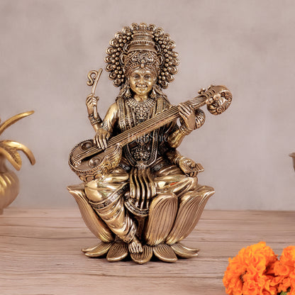 Superfine Brass Saraswati Idol - 8" Tall, Intricate Detailing