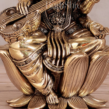 Superfine Brass Saraswati Idol - 8" Tall, Intricate Detailing