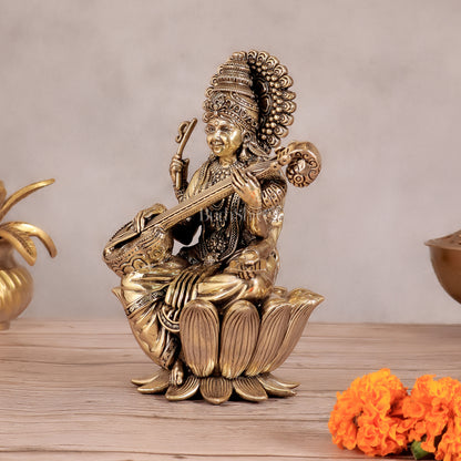 Superfine Brass Saraswati Idol - 8" Tall, Intricate Detailing