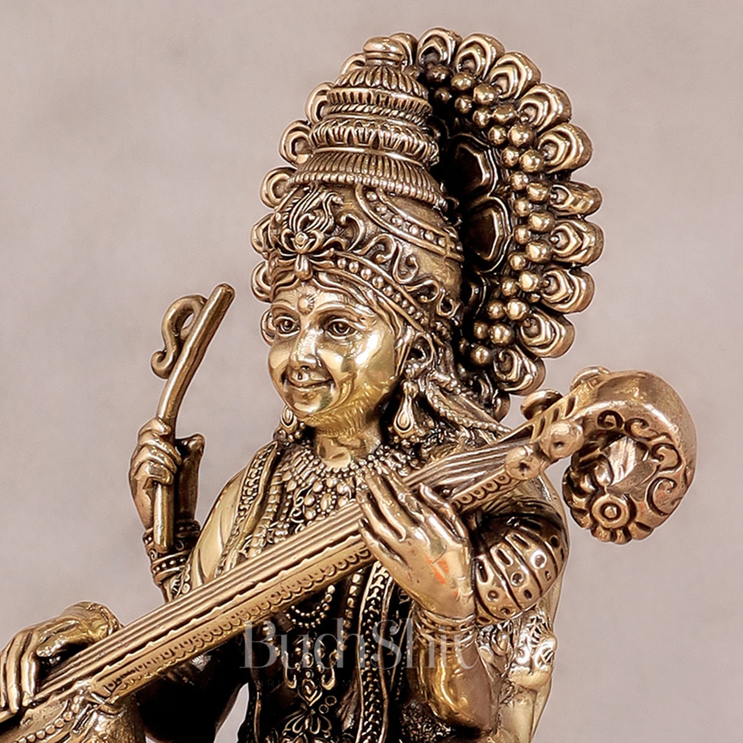 Superfine Brass Saraswati Idol - 8" Tall, Intricate Detailing