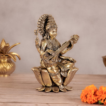 Superfine Brass Saraswati Idol - 8" Tall, Intricate Detailing