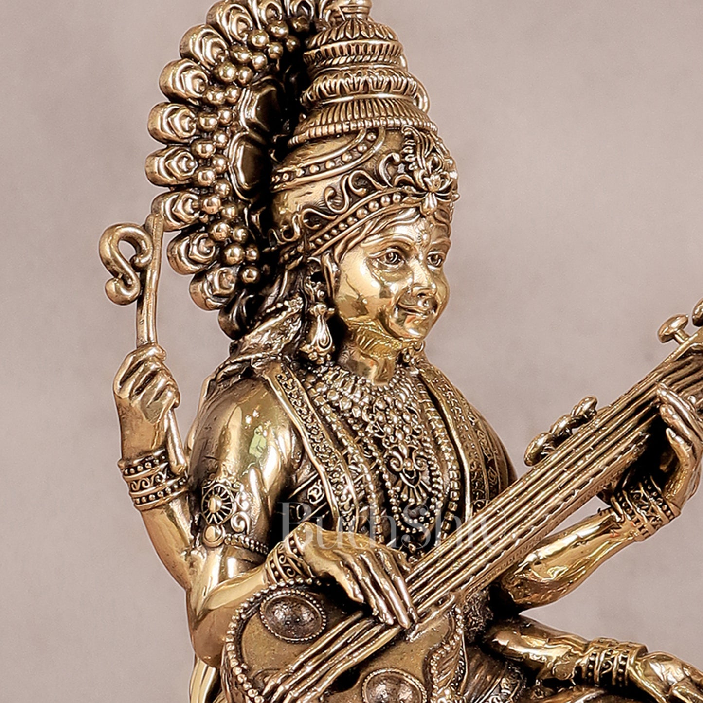 Superfine Brass Saraswati Idol - 8" Tall, Intricate Detailing