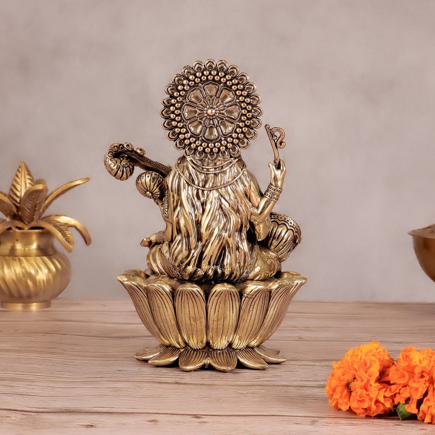 Superfine Brass Saraswati Idol - 8" Tall, Intricate Detailing