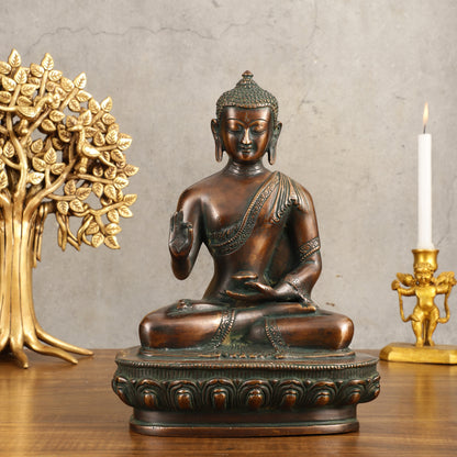 Pure Brass Buddha Blessing Mudra Statue - Antique Tone, 10" Height