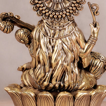 Superfine Brass Saraswati Idol - 8" Tall, Intricate Detailing