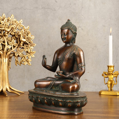 Pure Brass Buddha Blessing Mudra Statue - Antique Tone, 10" Height