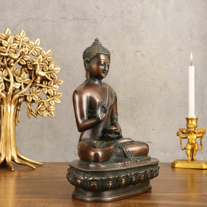 Pure Brass Buddha Blessing Mudra Statue - Antique Tone, 10" Height