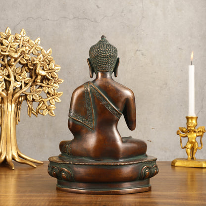 Pure Brass Buddha Blessing Mudra Statue - Antique Tone, 10" Height