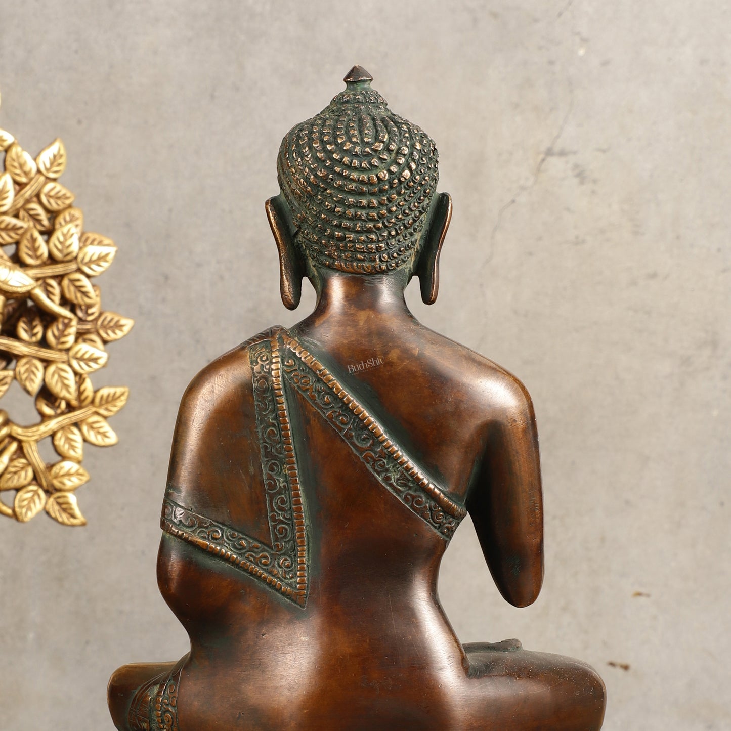 Pure Brass Buddha Blessing Mudra Statue - Antique Tone, 10" Height