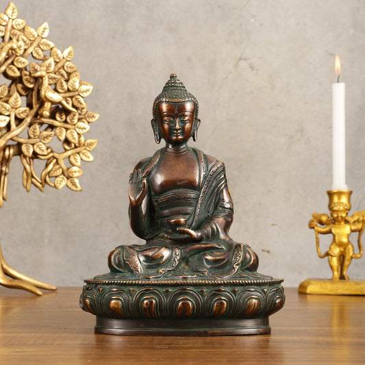 Pure Brass Buddha Statue - Antique Finish, 8" Height