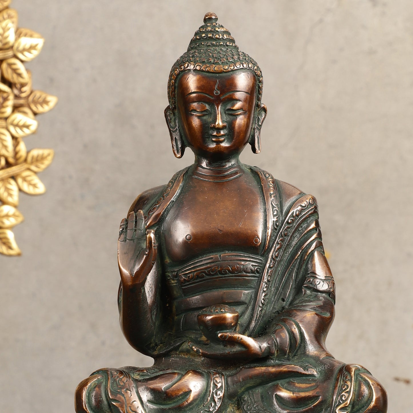 Pure Brass Buddha Statue - Antique Finish, 8" Height