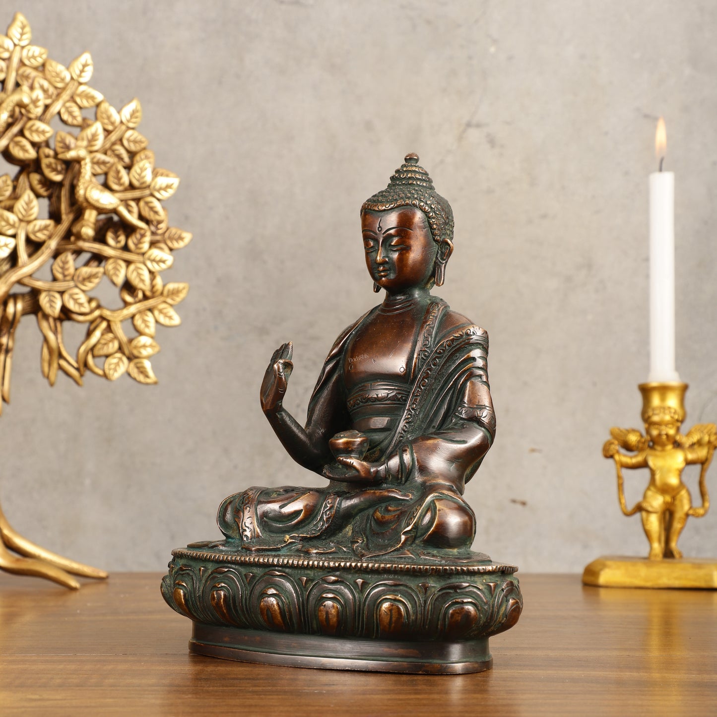 Pure Brass Buddha Statue - Antique Finish, 8" Height