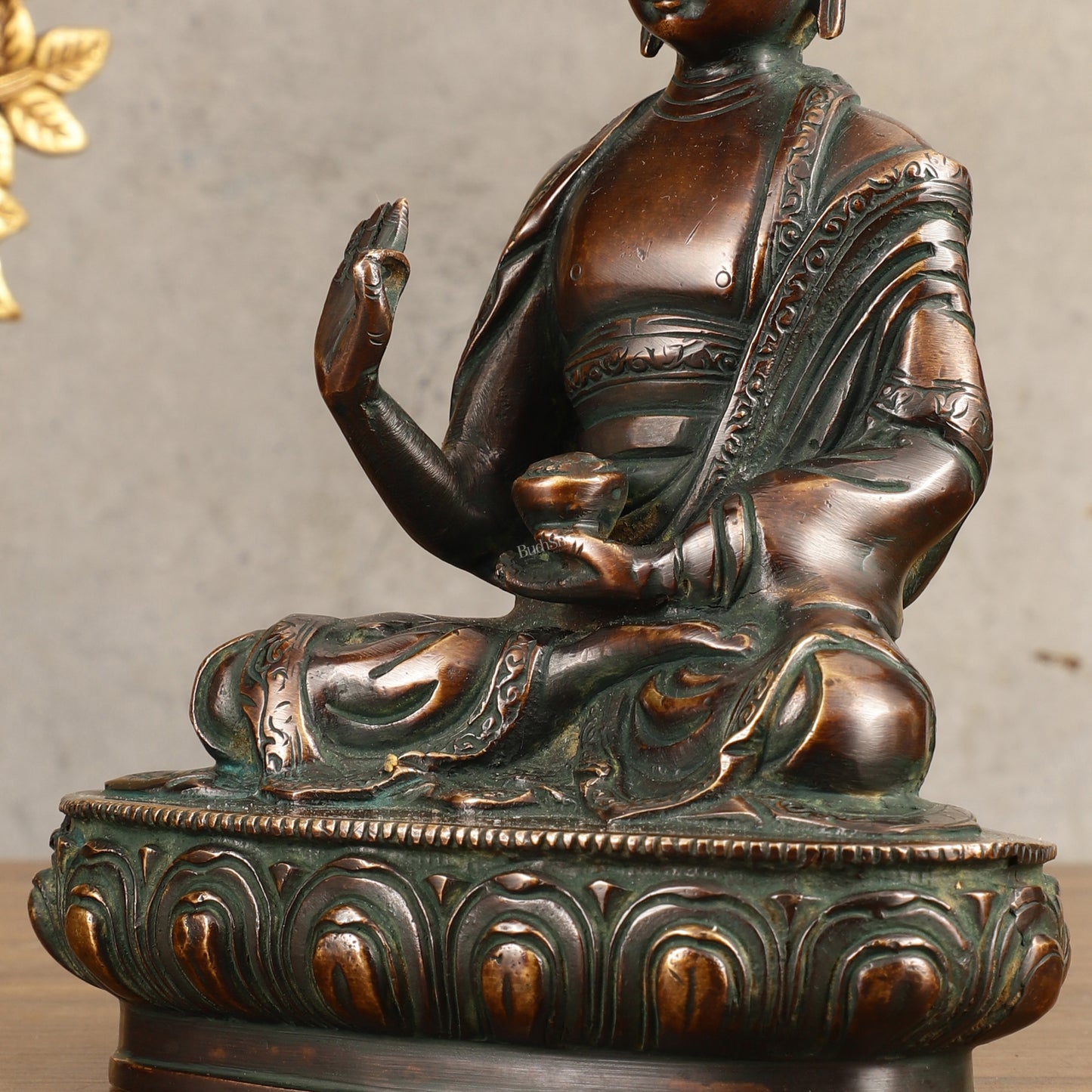 Pure Brass Buddha Statue - Antique Finish, 8" Height