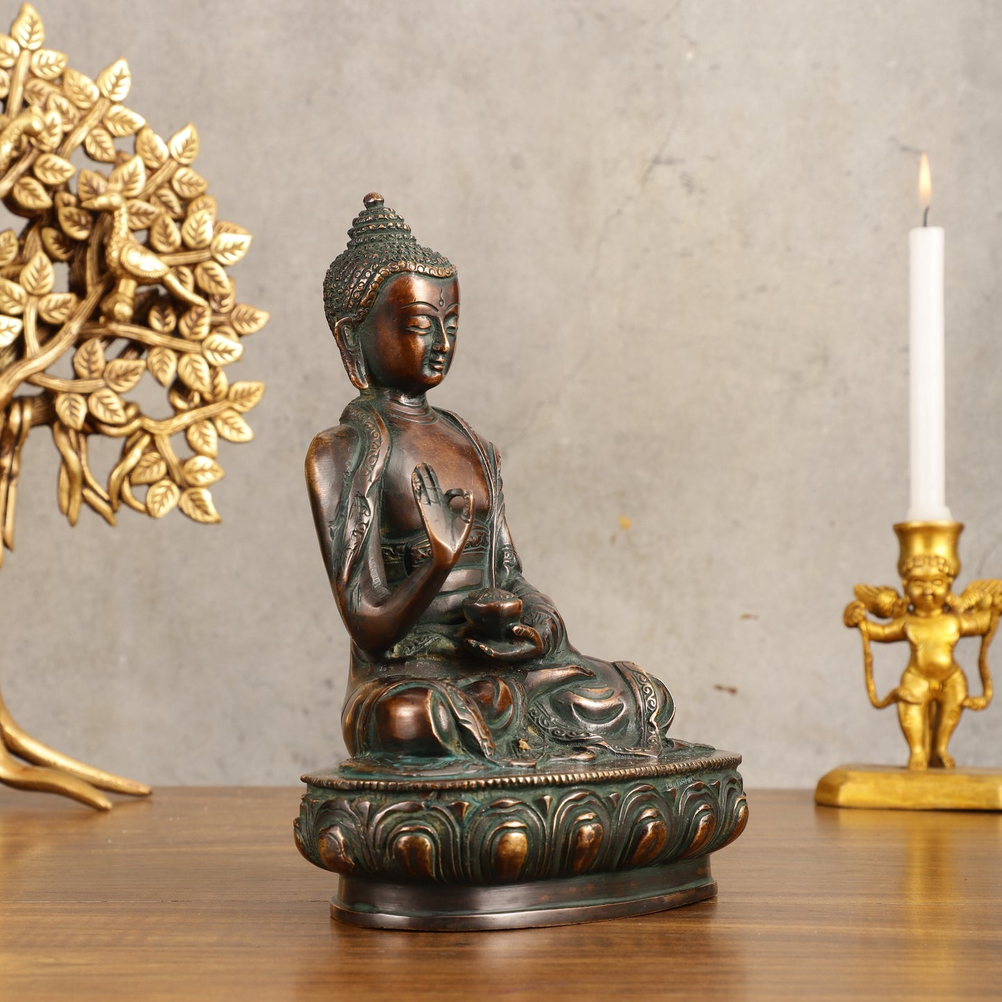 Pure Brass Buddha Statue - Antique Finish, 8" Height