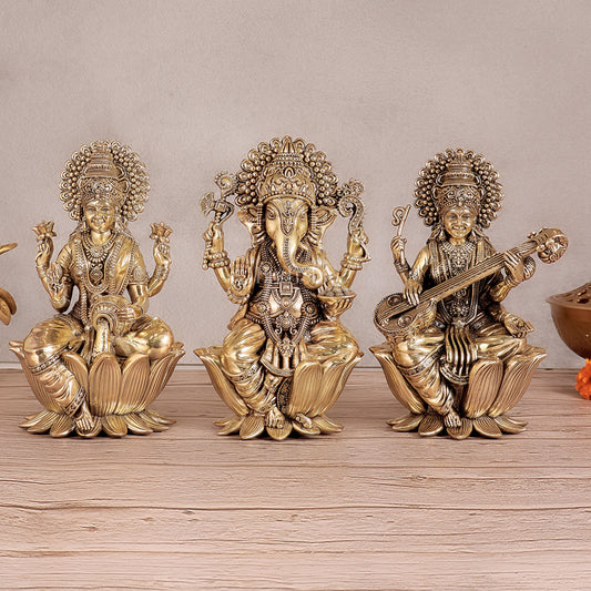 Superfine Brass Ganesh Lakshmi Saraswati Idols - 8" Tall, Set of 3