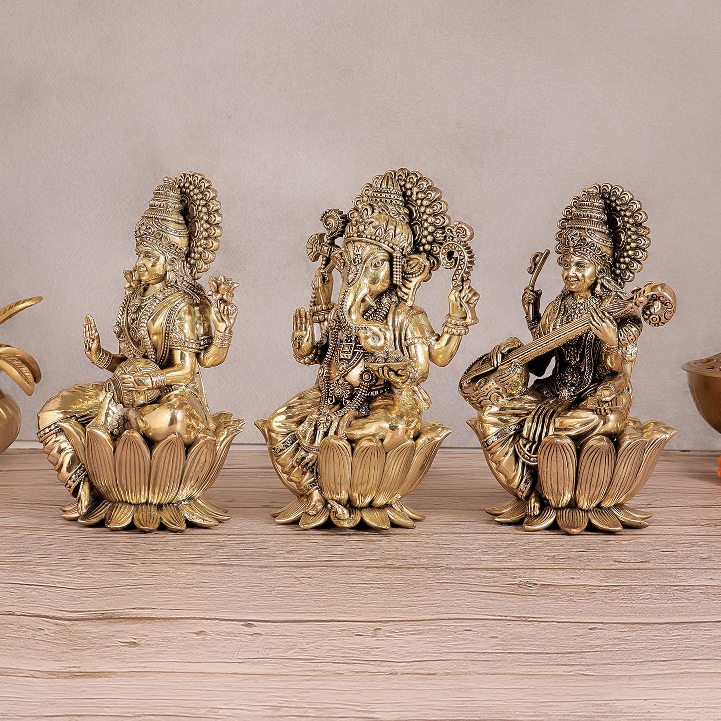 Superfine Brass Ganesh Lakshmi Saraswati Idols - 8" Tall, Set of 3