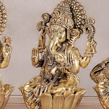 Superfine Brass Ganesh Lakshmi Saraswati Idols - 8" Tall, Set of 3