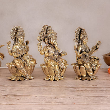 Superfine Brass Ganesh Lakshmi Saraswati Idols - 8" Tall, Set of 3