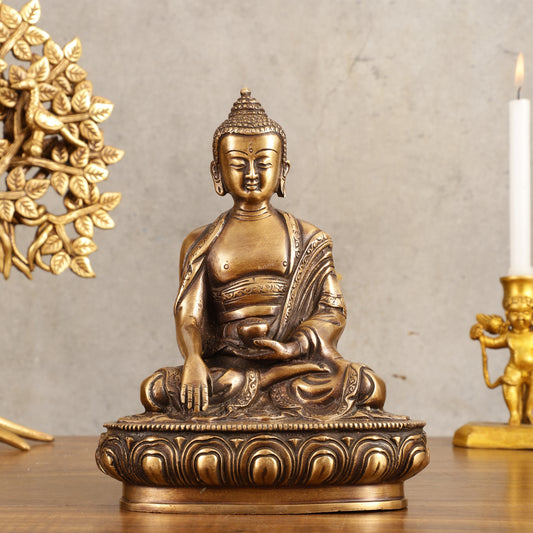 Pure Brass Buddha Statue - Antique burnt finish, 8" Height