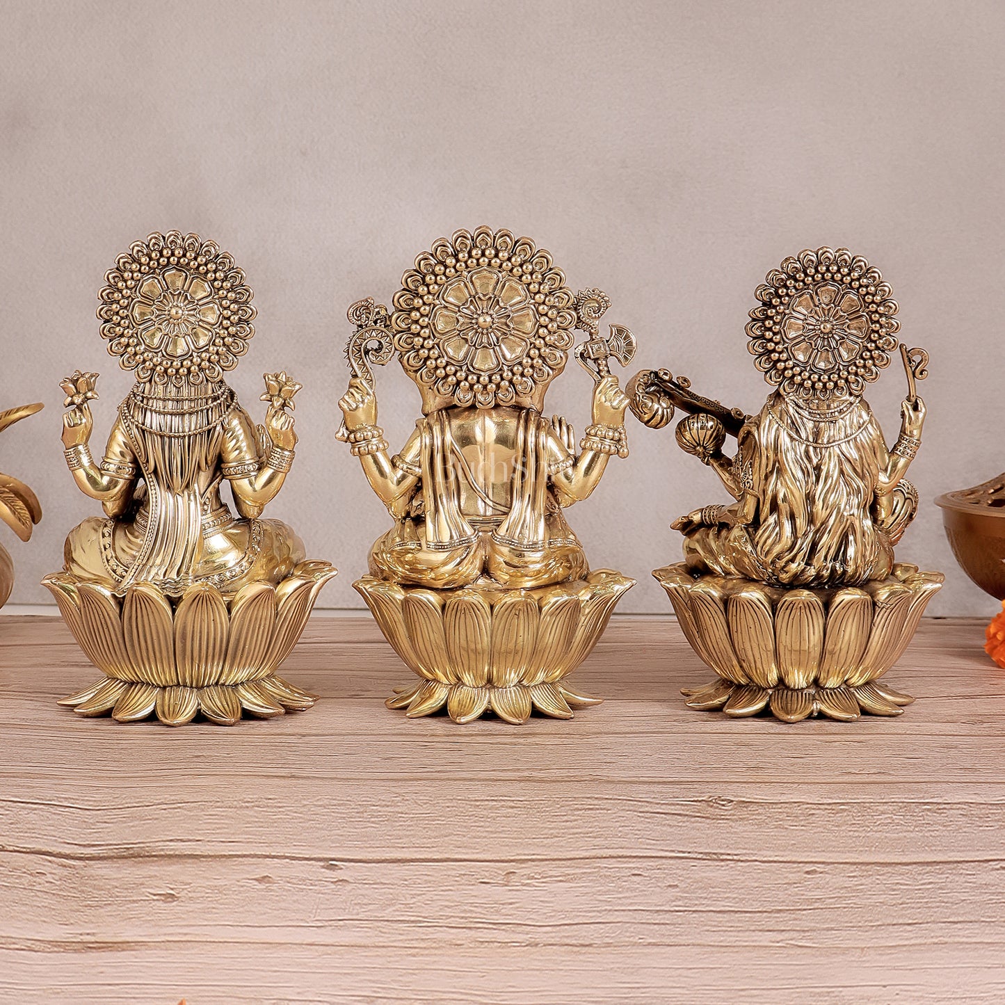 Superfine Brass Ganesh Lakshmi Saraswati Idols - 8" Tall, Set of 3