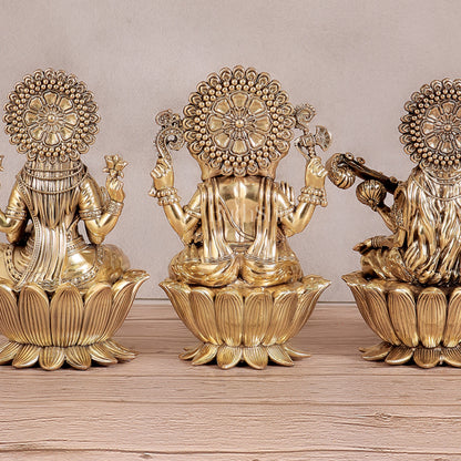 Superfine Brass Ganesh Lakshmi Saraswati Idols - 8" Tall, Set of 3