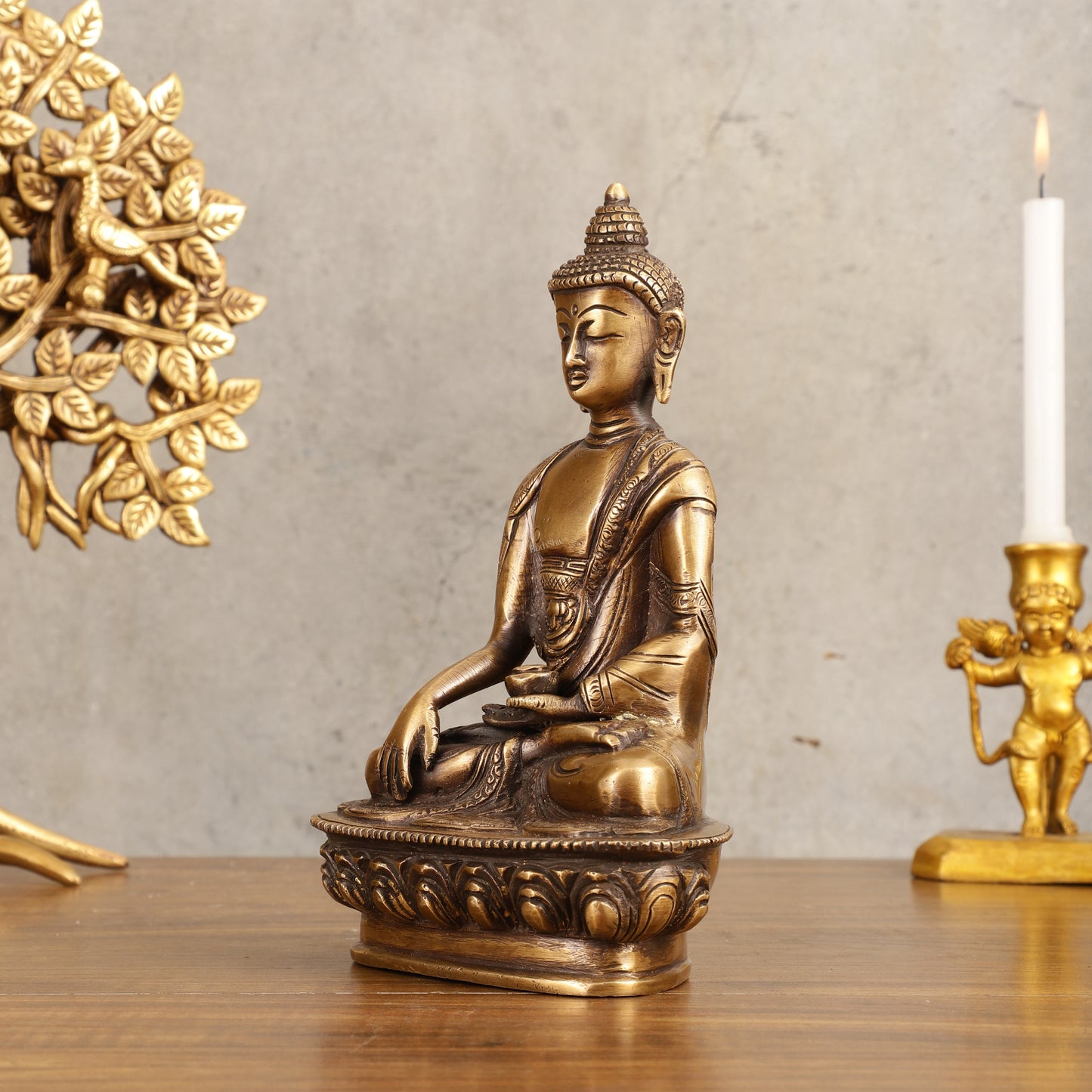 Pure Brass Buddha Statue - Antique Burnt Finish, 8" Height