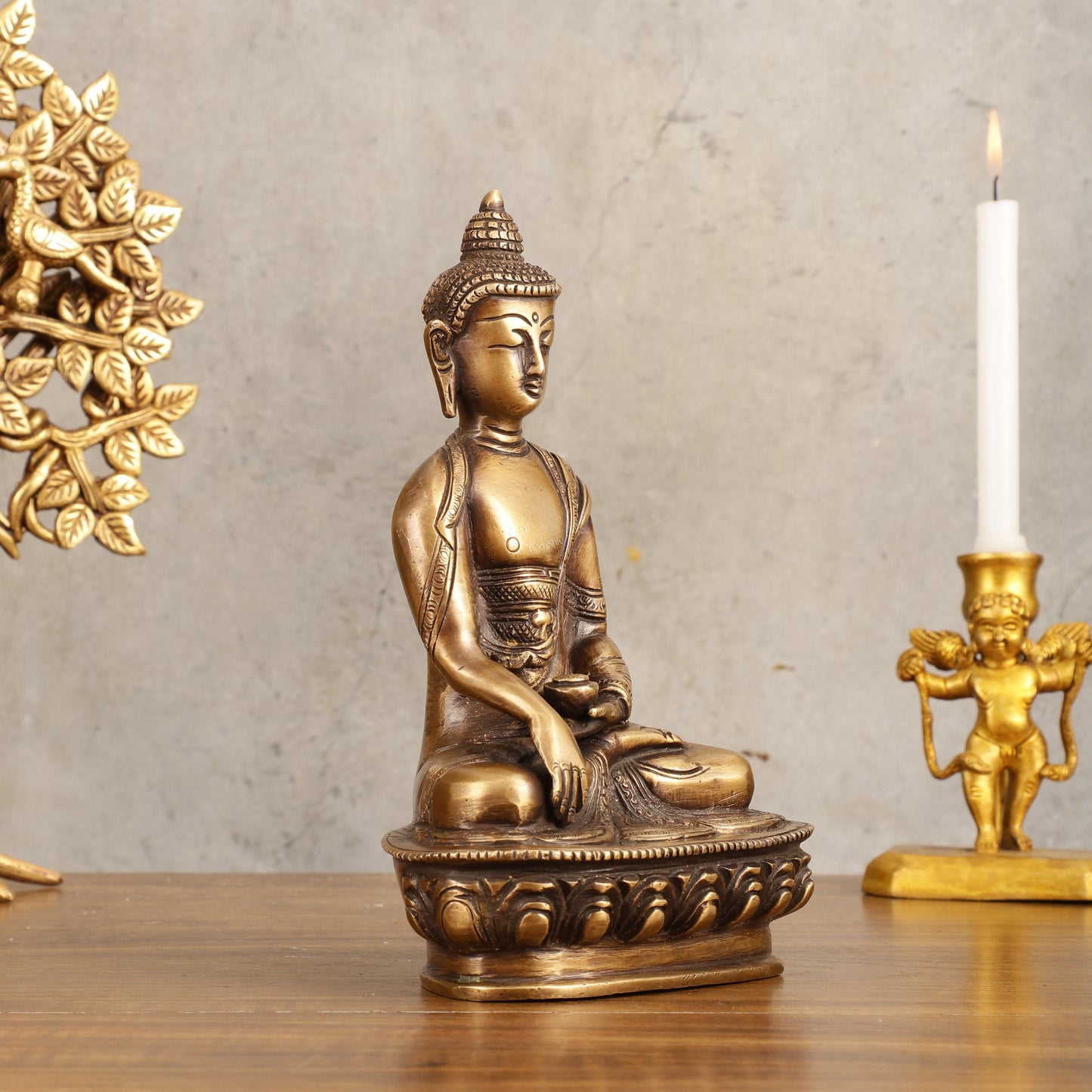 Pure Brass Buddha Statue - Antique Burnt Finish, 8" Height