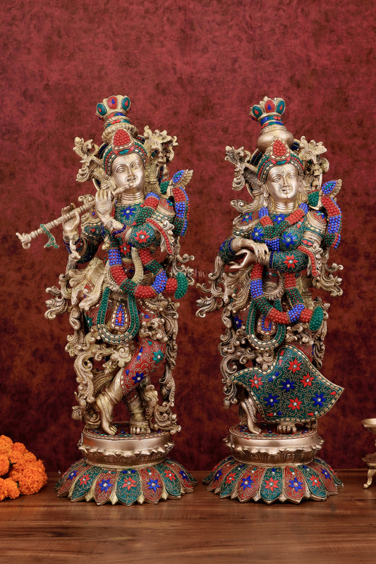 Exquisite Pure Brass Radha Krishna Statue with Intricate Stonework – 27 Inch