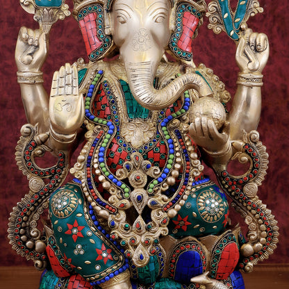 Brass Ganesha large idol 21" Tall with Intricate Stonework