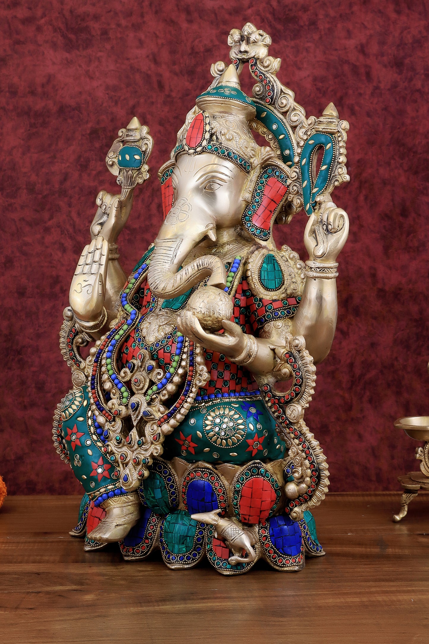 Brass Ganesha large idol 21" Tall with Intricate Stonework