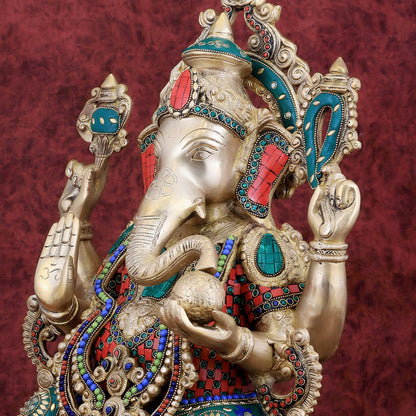 Brass Ganesha large idol 21" Tall with Intricate Stonework