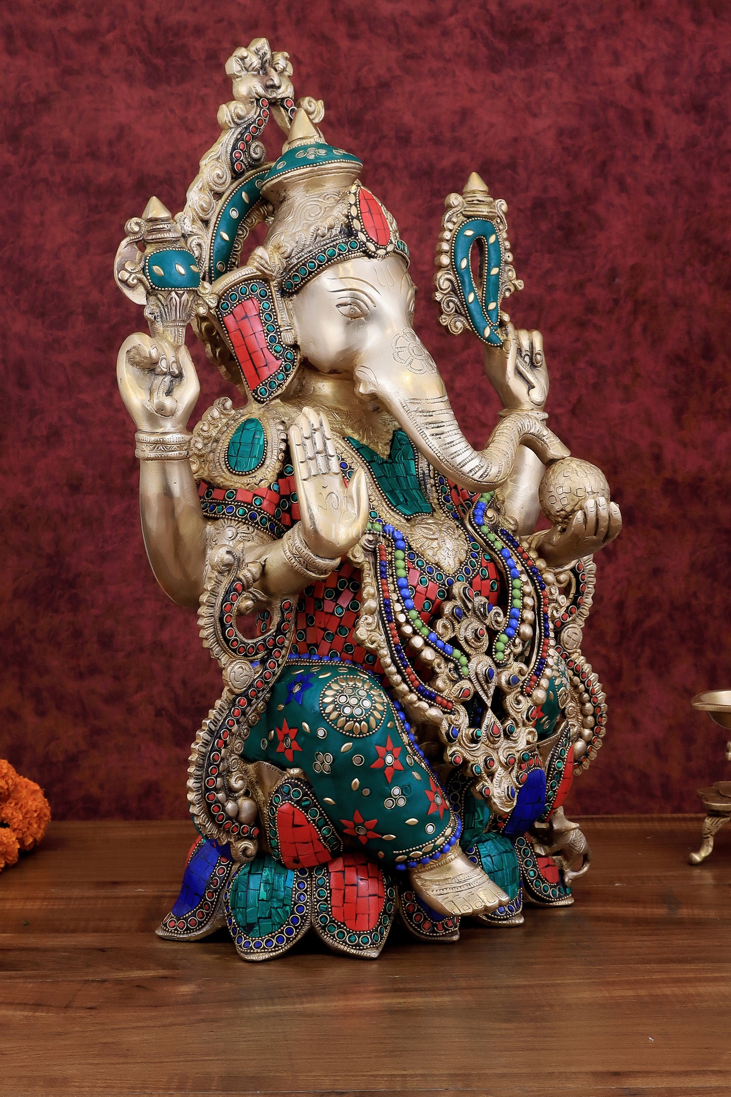 Brass Ganesha large idol 21" Tall with Intricate Stonework