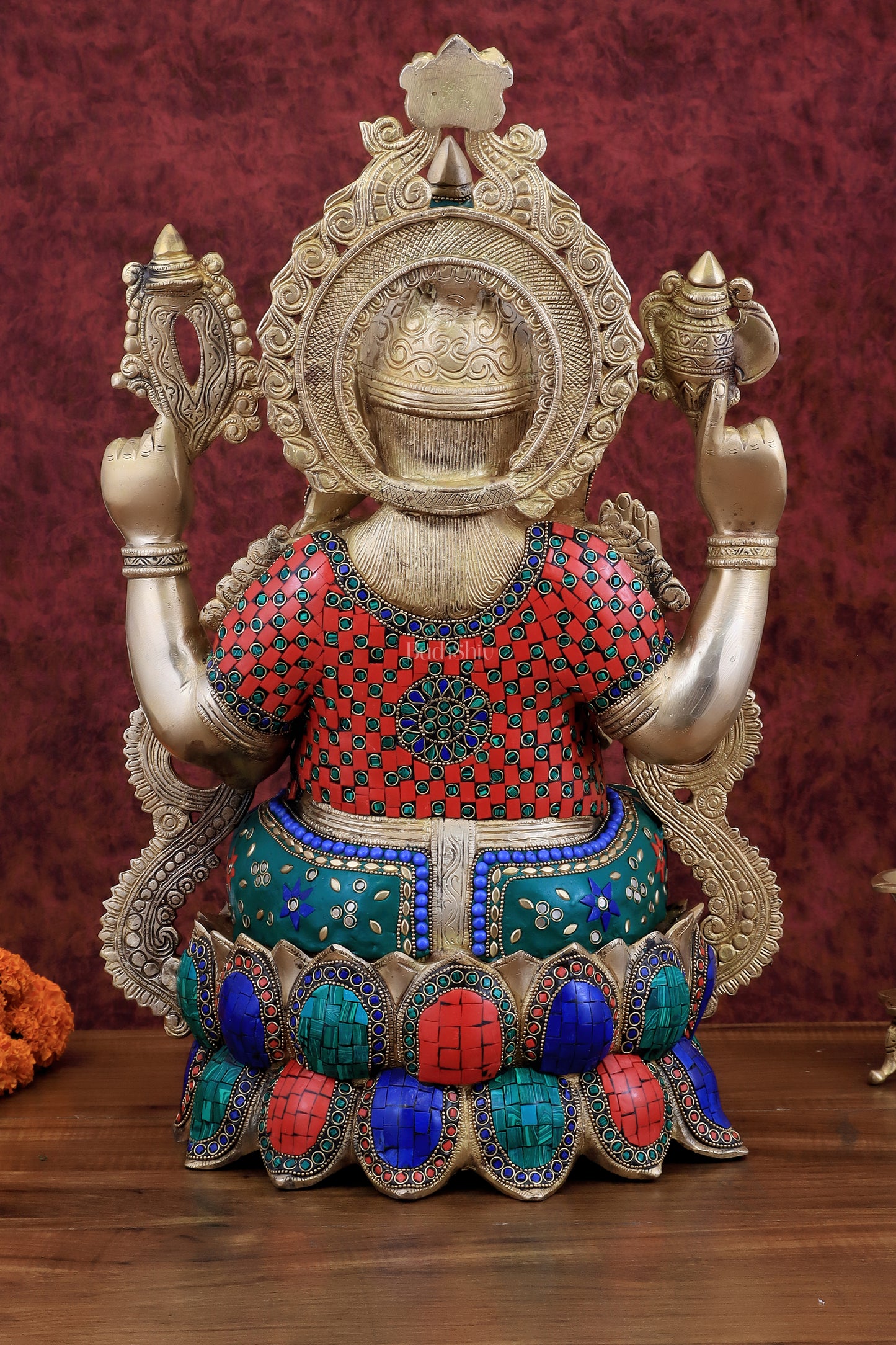 Brass Ganesha large idol 21" Tall with Intricate Stonework