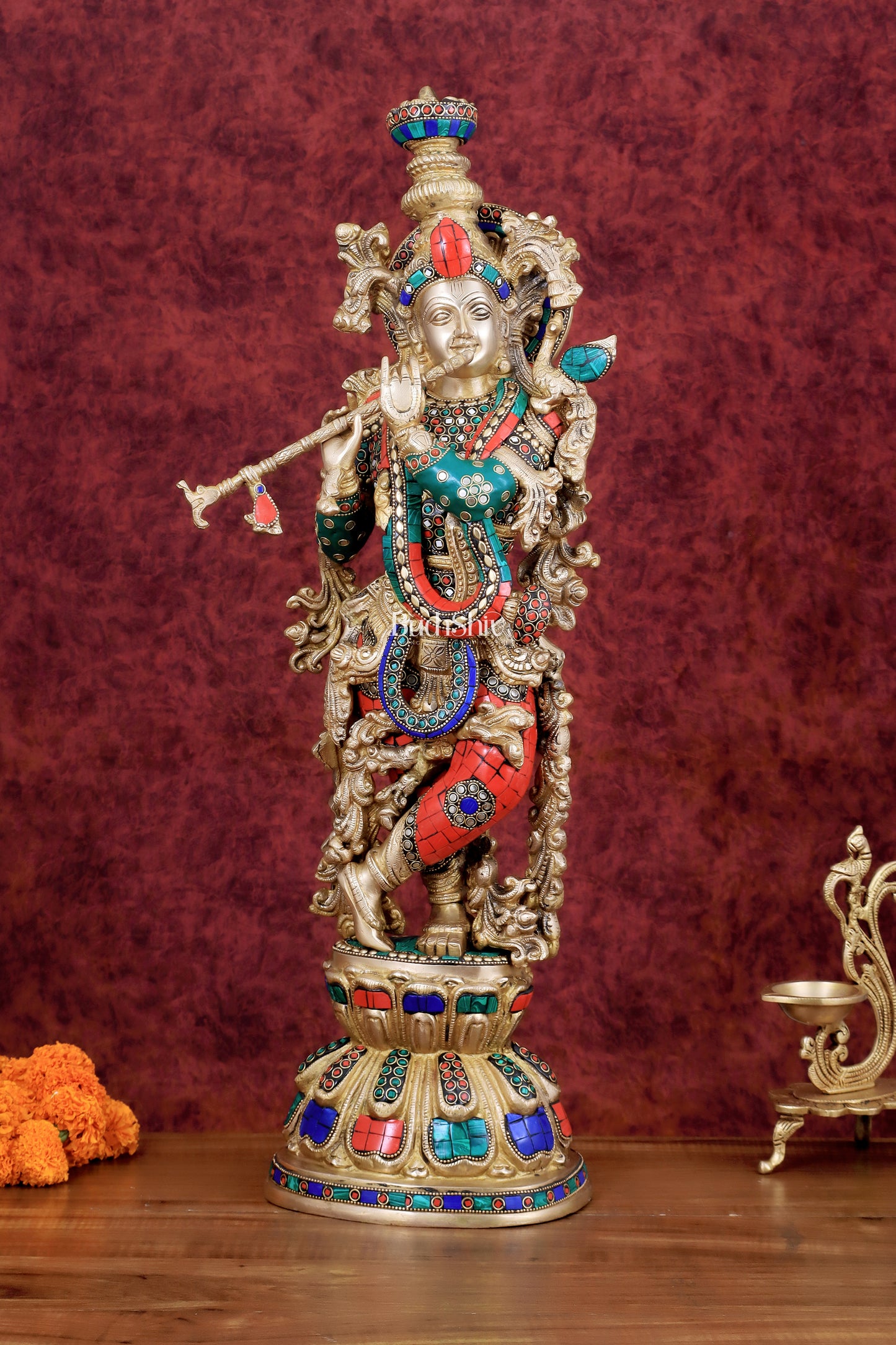 Divine brass Krishna Statue with stonework 25 inch